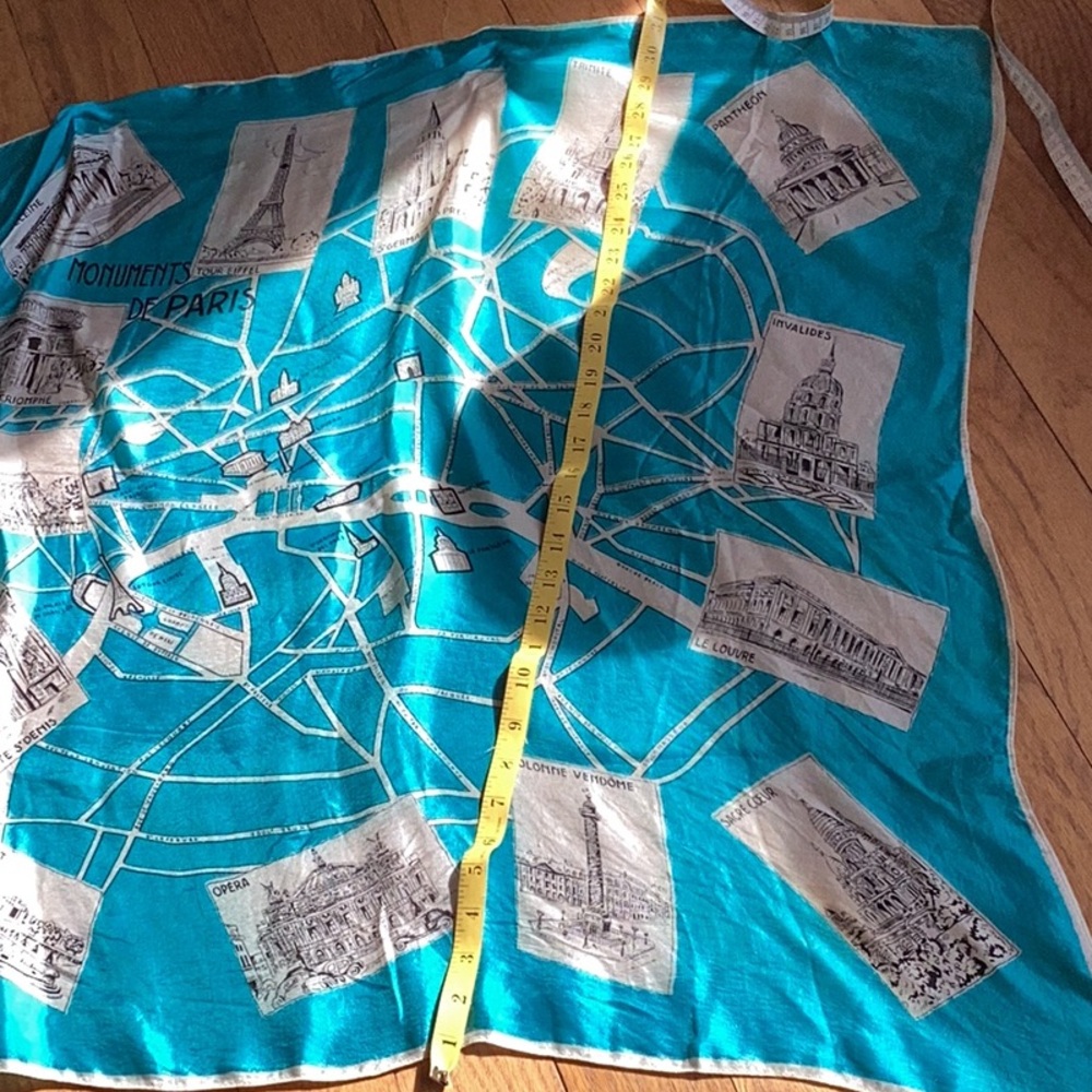 PARIS SILK SCARF Beautiful TURQUOISE & CREAM VINTAGE FIND VNPLVC - Picture 6 of 14
